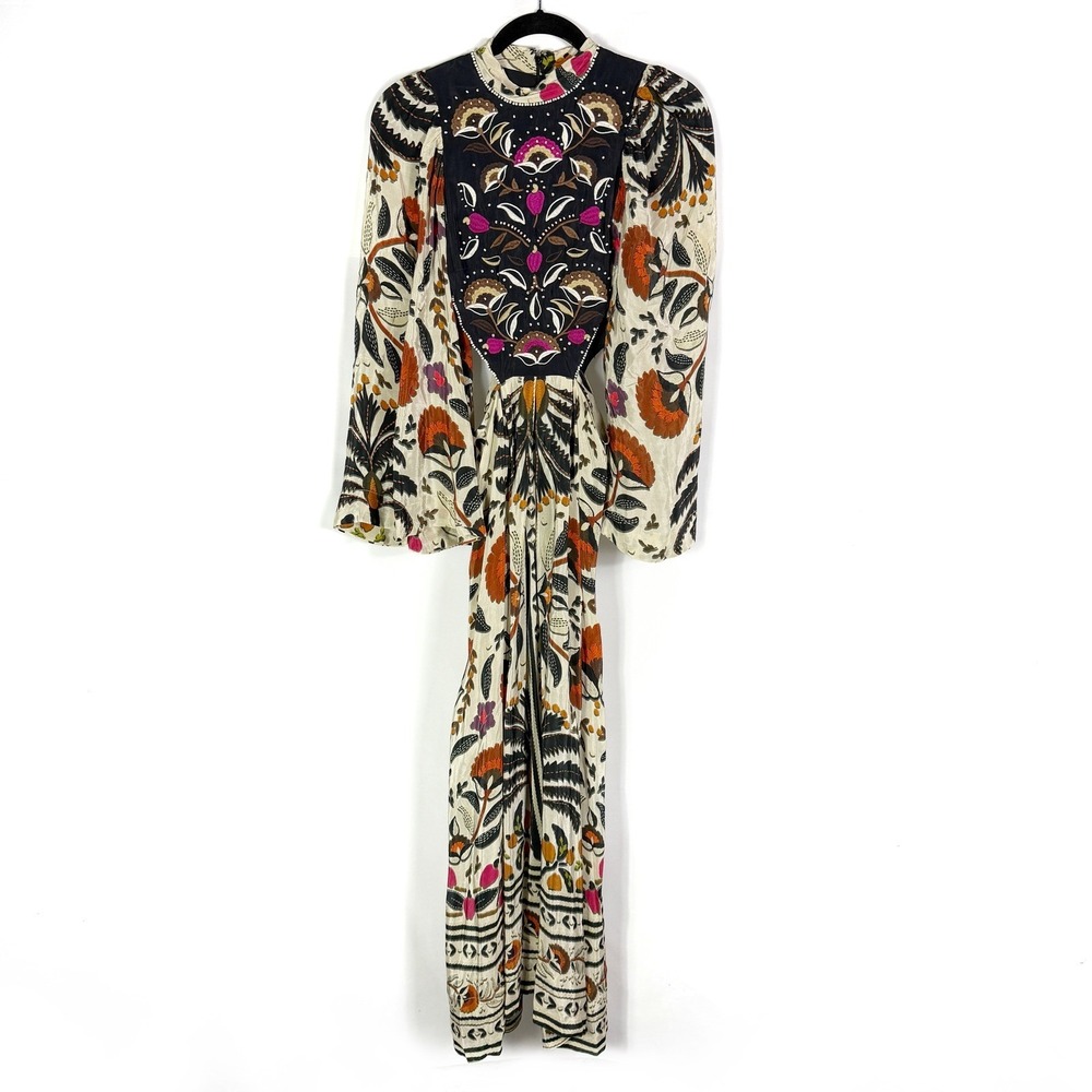 Farm Rio Cutout Embroidered Print Crepe Maxi Dress Black Cream Floral Beaded S - Picture 5 of 13